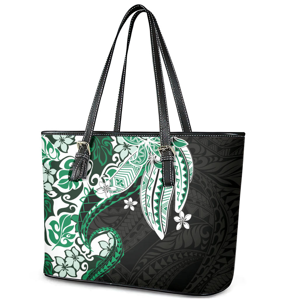 Monstera Plumeria Flowers Green Leather Tote Bag Polynesian Pattern LT01 - Polynesian Pride