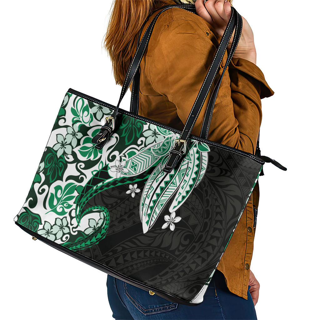 Monstera Plumeria Flowers Green Leather Tote Bag Polynesian Pattern LT01 - Polynesian Pride