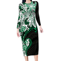 Monstera Plumeria Flowers Green Long Sleeve Bodycon Dress Polynesian Pattern LT01 Long Dress Green - Polynesian Pride