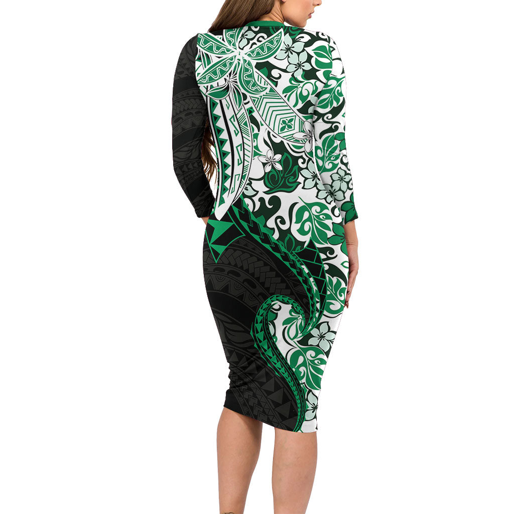Monstera Plumeria Flowers Green Long Sleeve Bodycon Dress Polynesian Pattern LT01 - Polynesian Pride