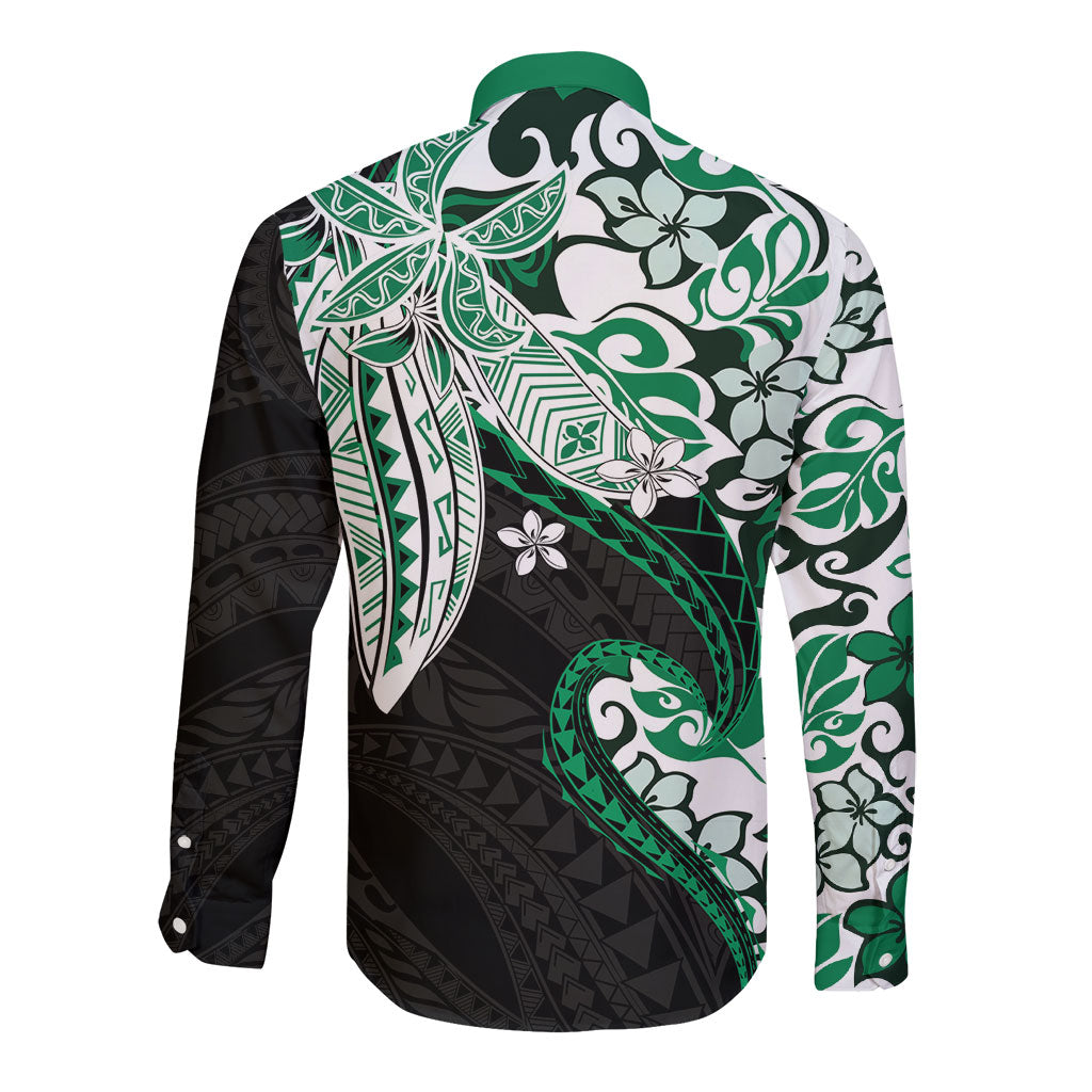 Monstera Plumeria Flowers Green Long Sleeve Button Shirt Polynesian Pattern LT01 - Polynesian Pride