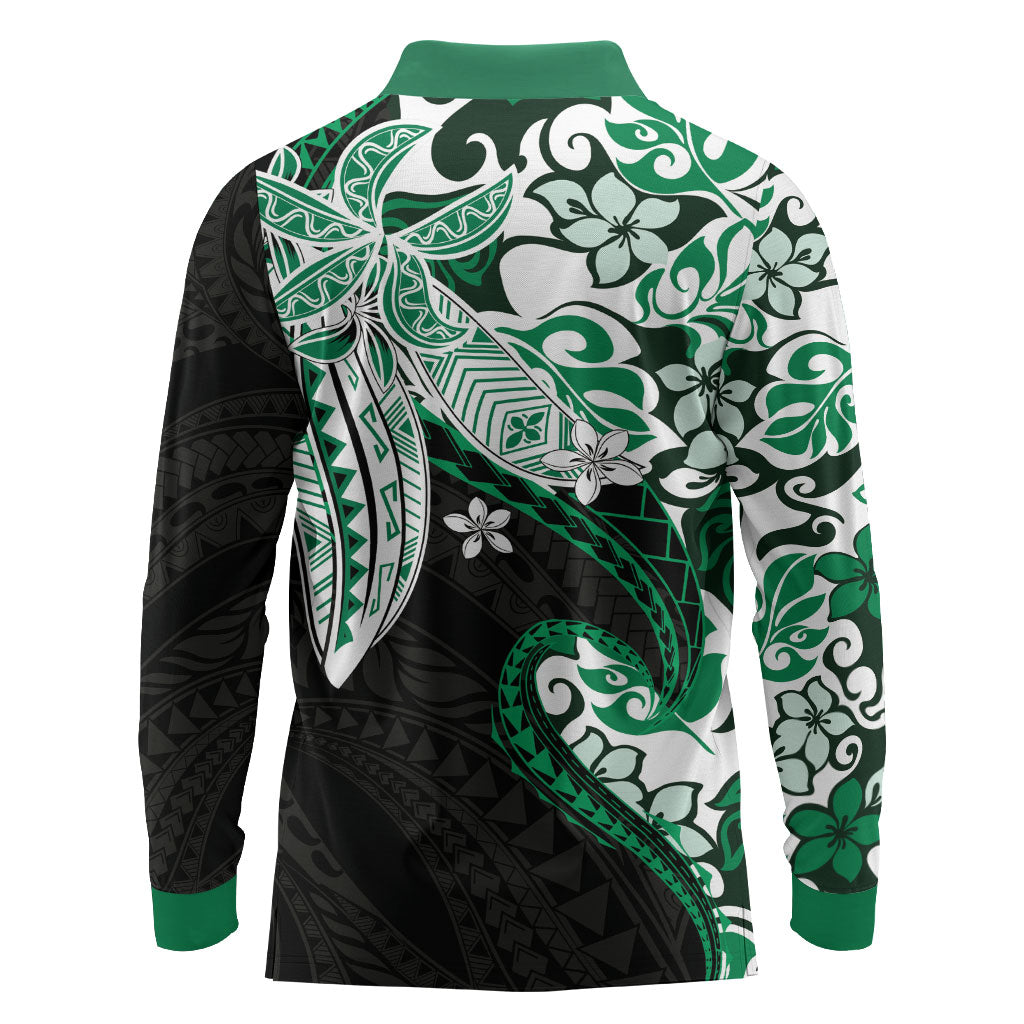 Monstera Plumeria Flowers Green Long Sleeve Polo Shirt Polynesian Pattern LT01 - Polynesian Pride