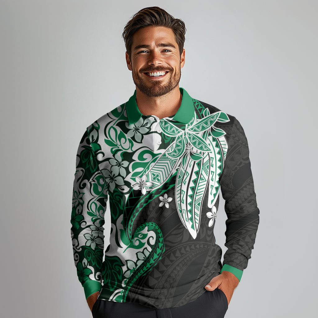 Monstera Plumeria Flowers Green Long Sleeve Polo Shirt Polynesian Pattern LT01 - Polynesian Pride