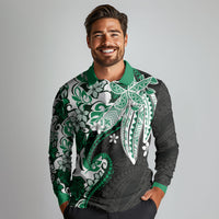 Monstera Plumeria Flowers Green Long Sleeve Polo Shirt Polynesian Pattern LT01 - Polynesian Pride