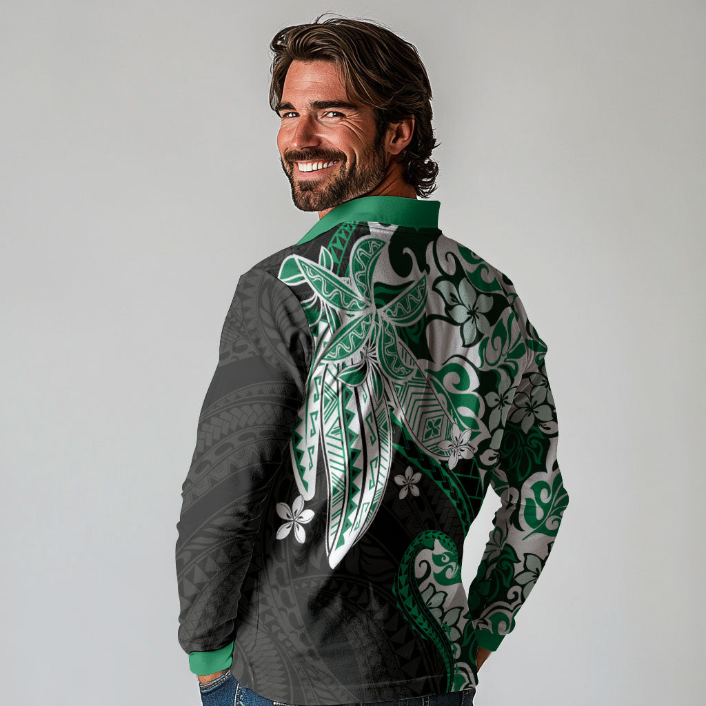 Monstera Plumeria Flowers Green Long Sleeve Polo Shirt Polynesian Pattern LT01 - Polynesian Pride