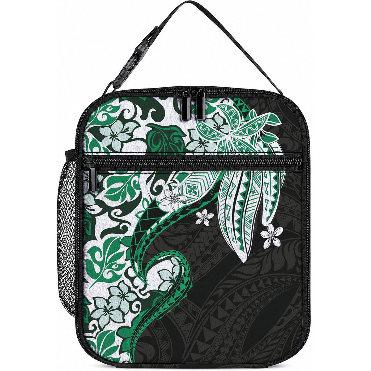 Monstera Plumeria Flowers Green Lunch Bag Polynesian Pattern