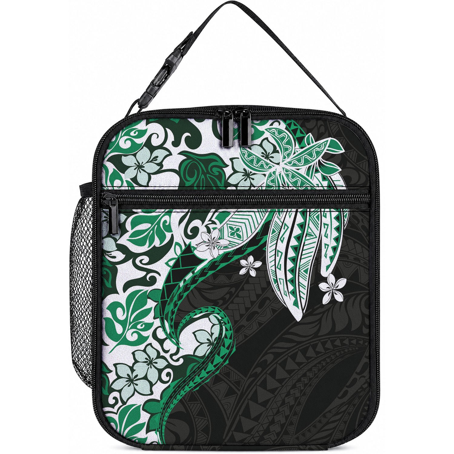 Monstera Plumeria Flowers Green Lunch Bag Polynesian Pattern