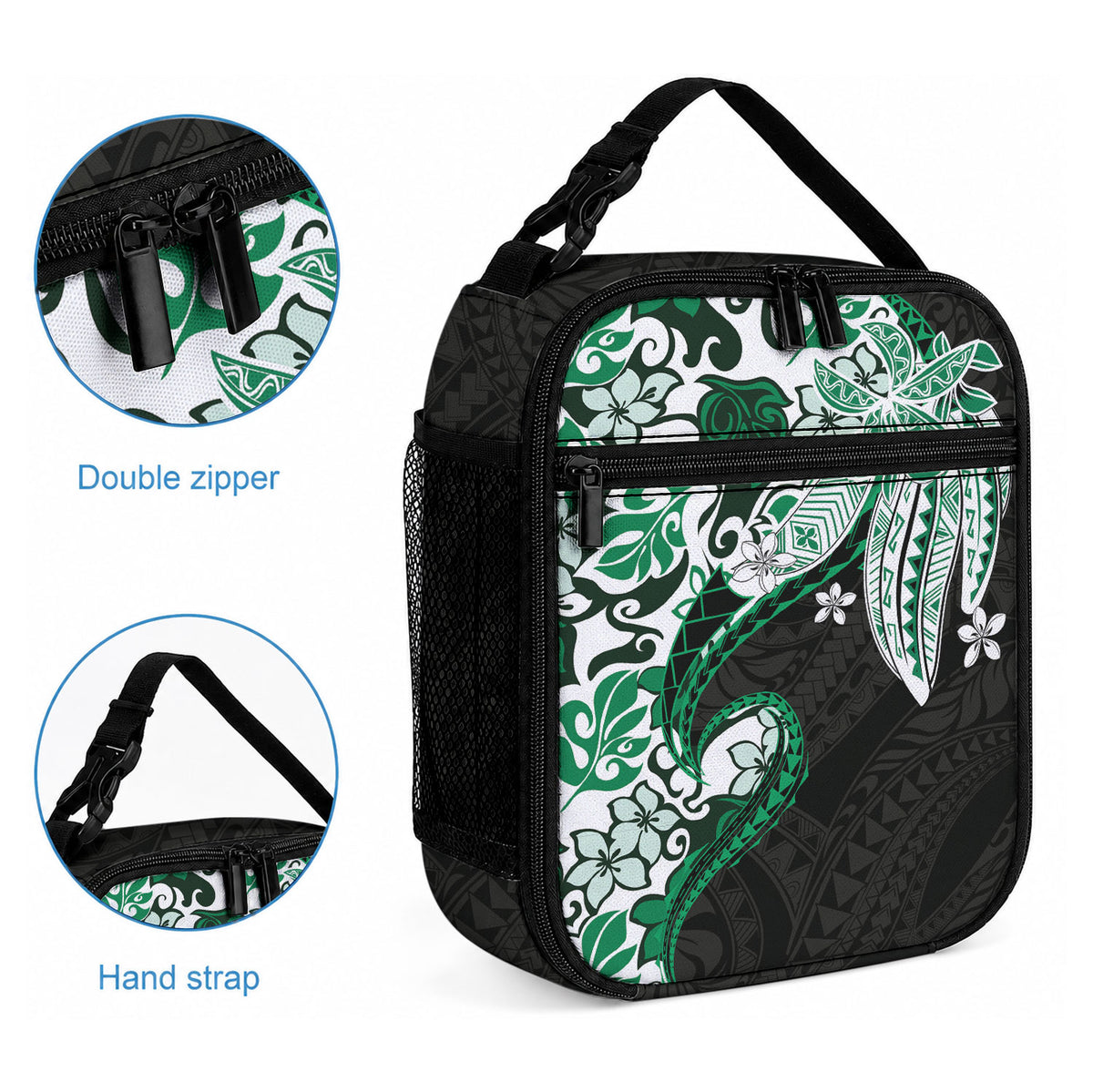 Monstera Plumeria Flowers Green Lunch Bag Polynesian Pattern