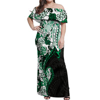 Monstera Plumeria Flowers Green Off Shoulder Maxi Dress Polynesian Pattern