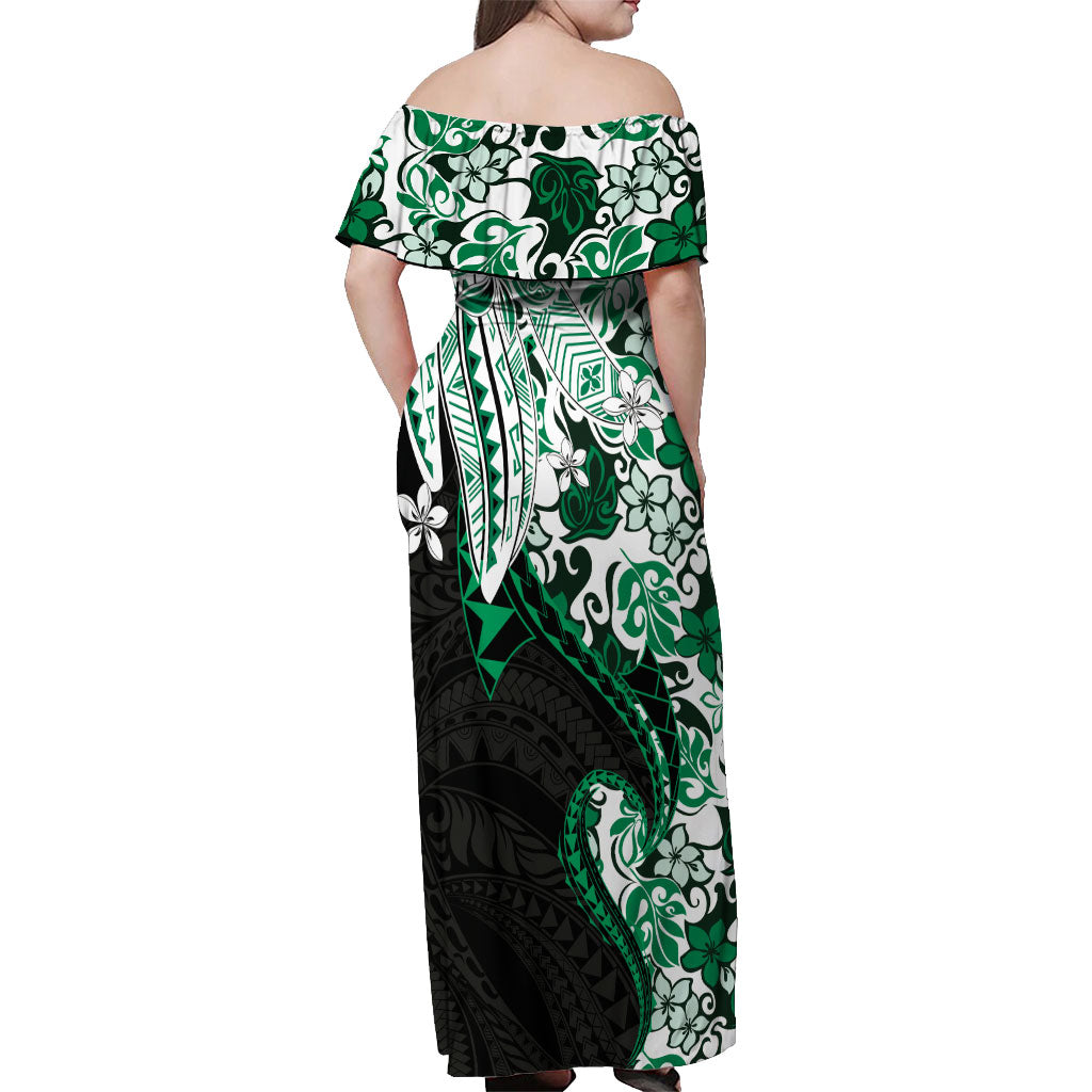 Monstera Plumeria Flowers Green Off Shoulder Maxi Dress Polynesian Pattern