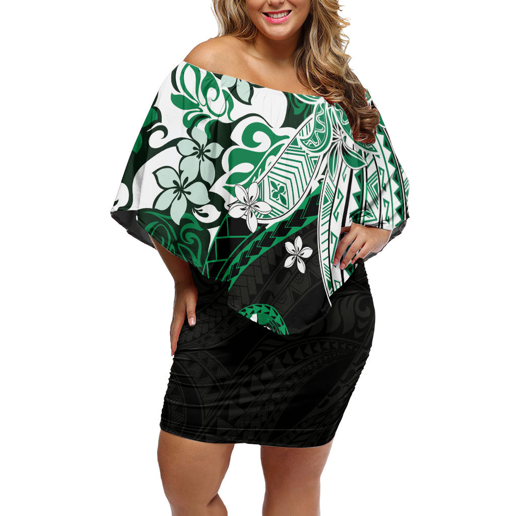 Monstera Plumeria Flowers Green Off Shoulder Short Dress Polynesian Pattern