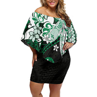 Monstera Plumeria Flowers Green Off Shoulder Short Dress Polynesian Pattern