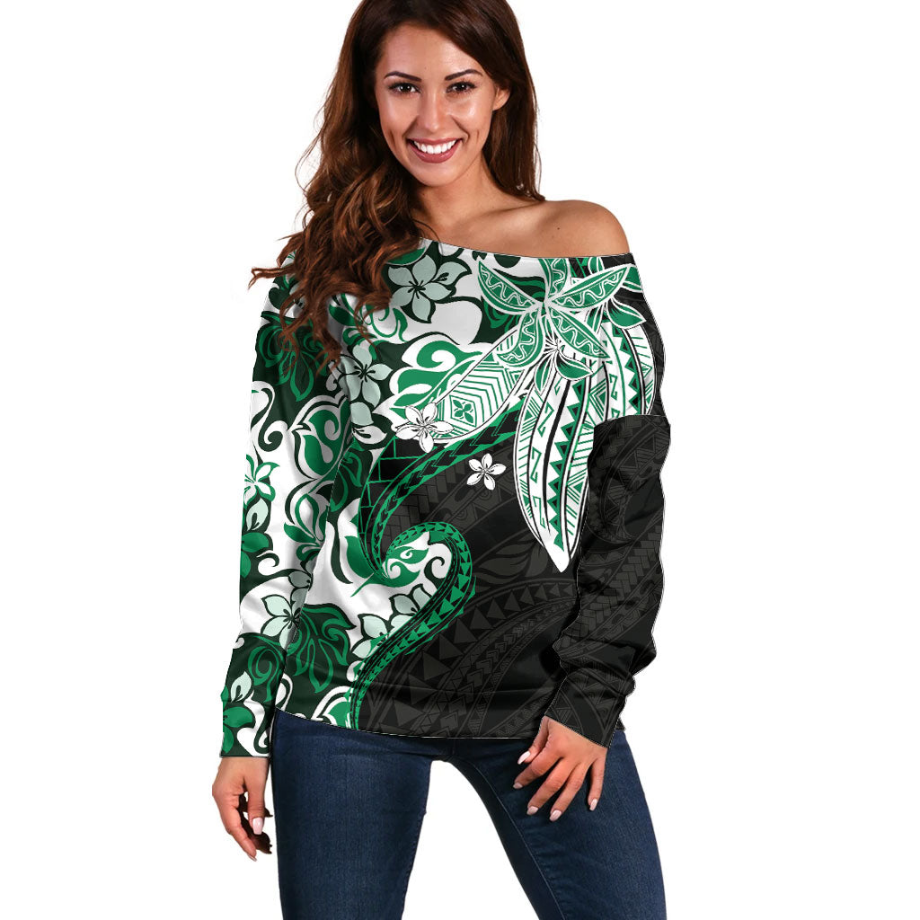 Monstera Plumeria Flowers Green Off Shoulder Sweater Polynesian Pattern