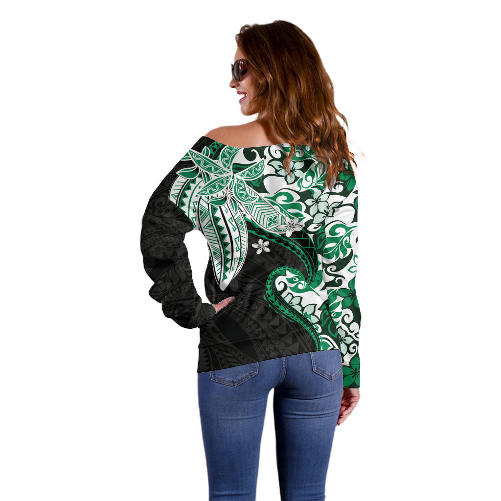 Monstera Plumeria Flowers Green Off Shoulder Sweater Polynesian Pattern