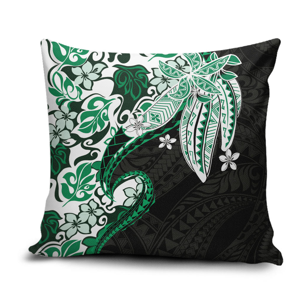 Monstera Plumeria Flowers Green Pillow Cover Polynesian Pattern