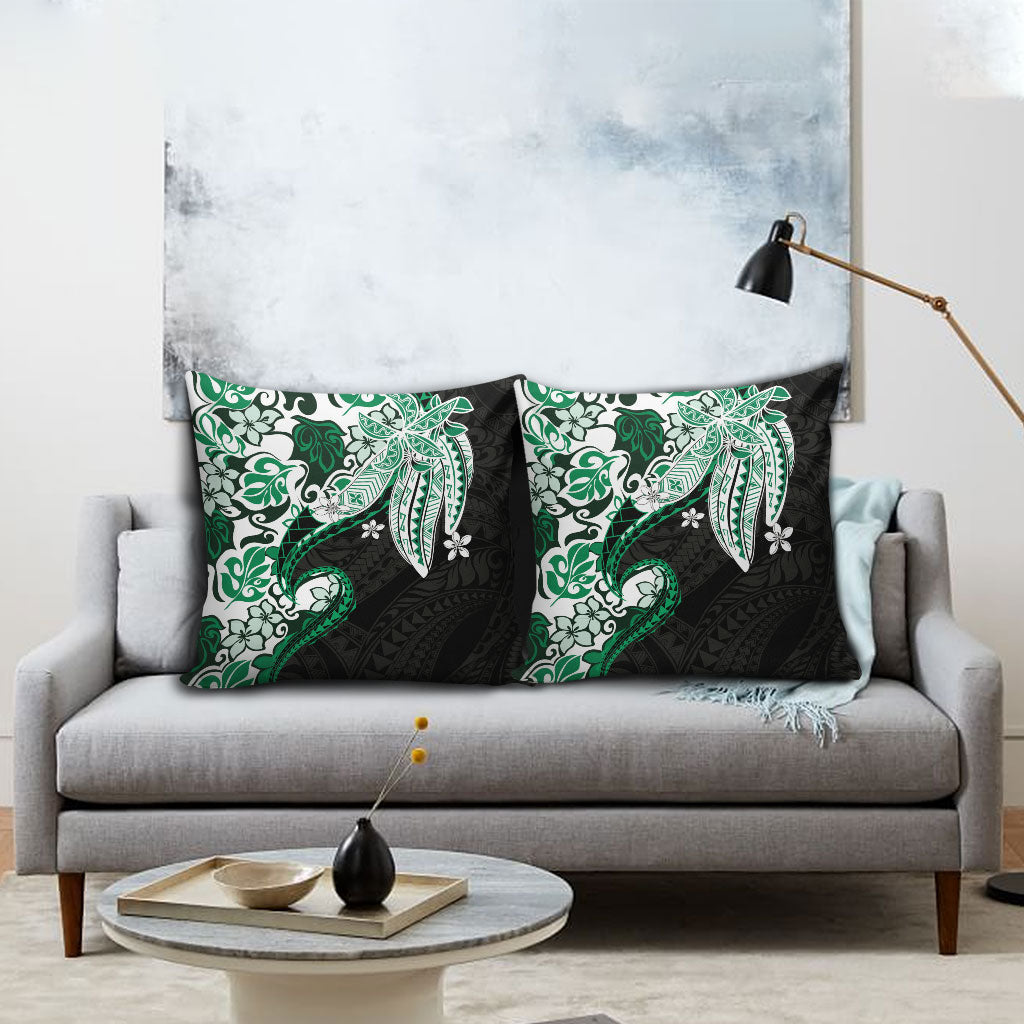 Monstera Plumeria Flowers Green Pillow Cover Polynesian Pattern
