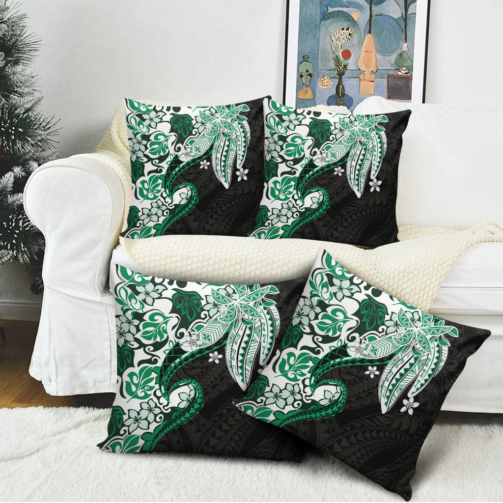 Monstera Plumeria Flowers Green Pillow Cover Polynesian Pattern