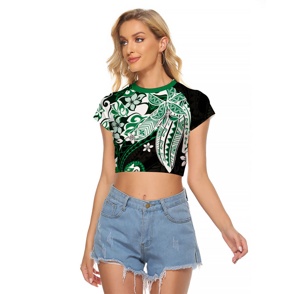Monstera Plumeria Flowers Green Raglan Cropped T Shirt Polynesian Pattern LT01 Female Green - Polynesian Pride