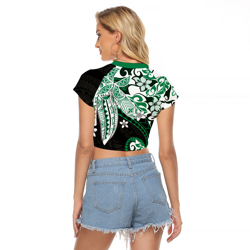 Monstera Plumeria Flowers Green Raglan Cropped T Shirt Polynesian Pattern LT01 - Polynesian Pride