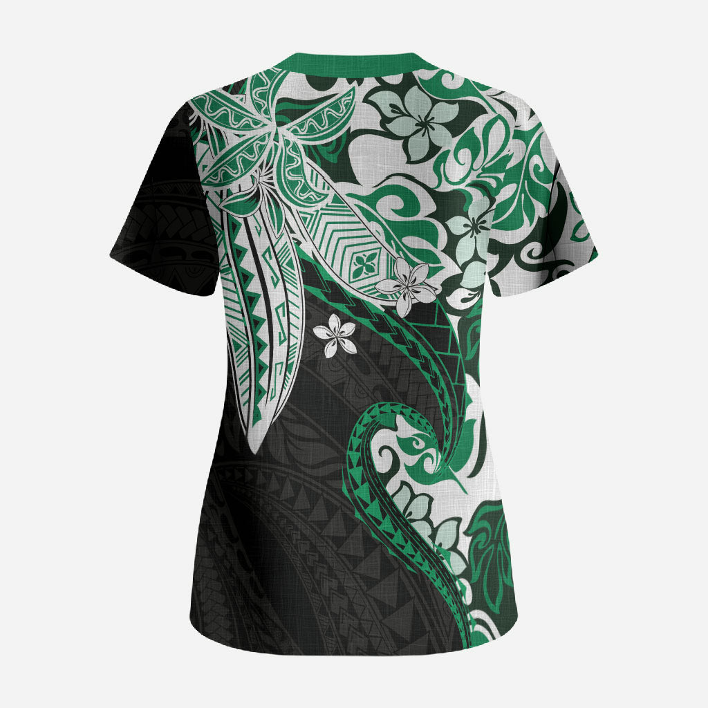Monstera Plumeria Flowers Green Scrub Top Polynesian Pattern