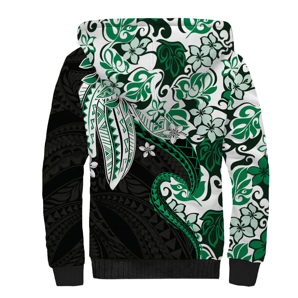 Monstera Plumeria Flowers Green Sherpa Hoodie Polynesian Pattern LT01 - Polynesian Pride