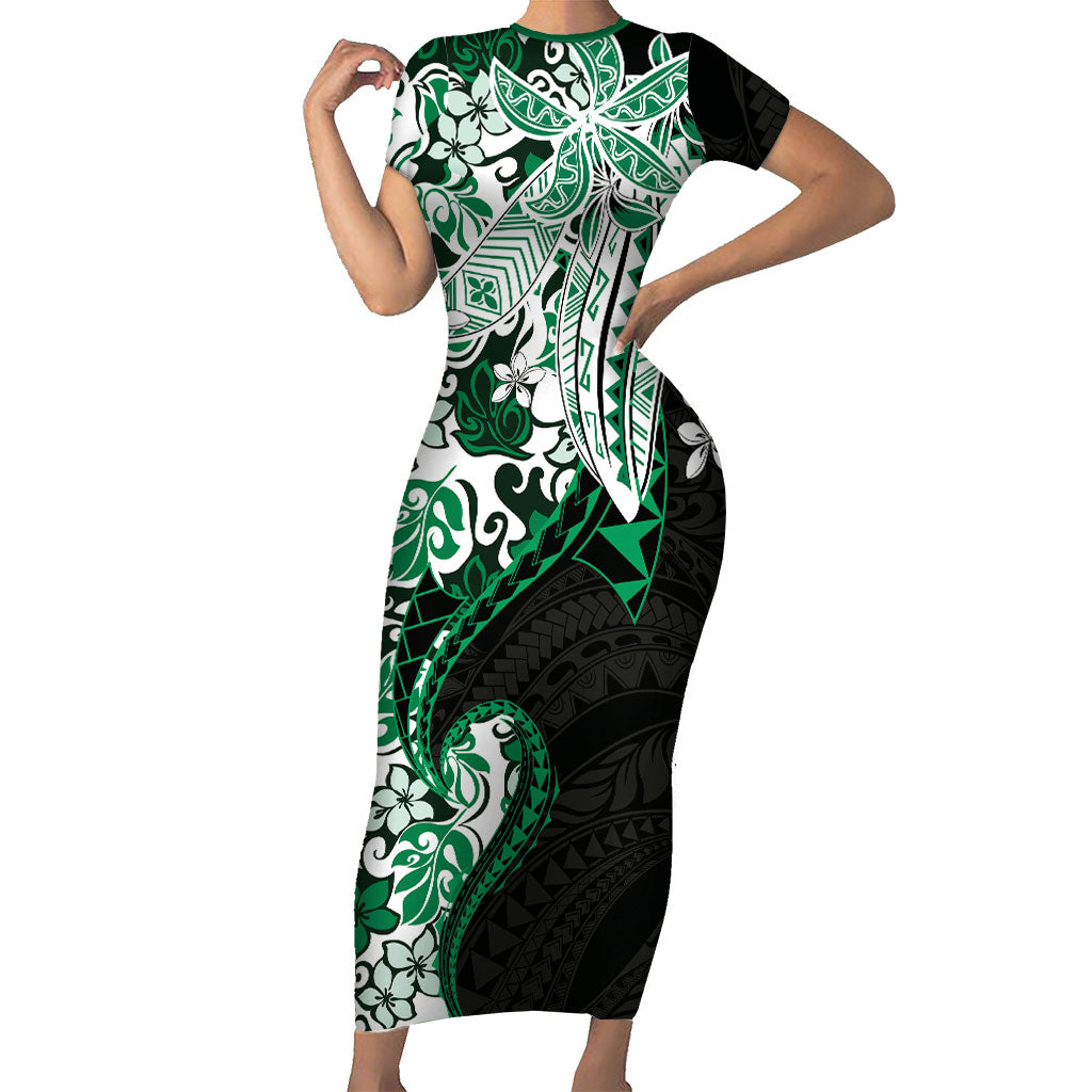 Monstera Plumeria Flowers Green Short Sleeve Bodycon Dress Polynesian Pattern LT01 Long Dress Green - Polynesian Pride