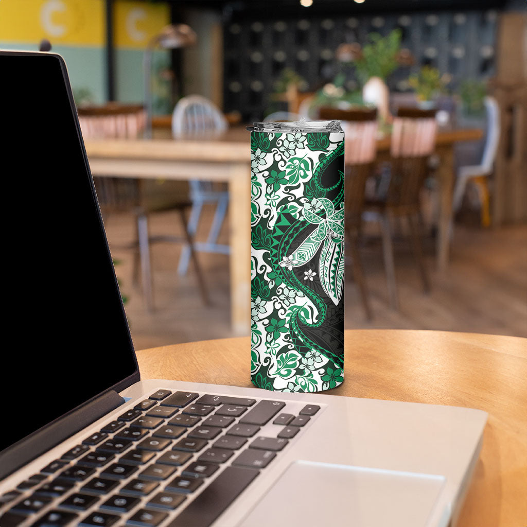 Monstera Plumeria Flowers Green Skinny Tumbler Polynesian Pattern LT01 - Polynesian Pride