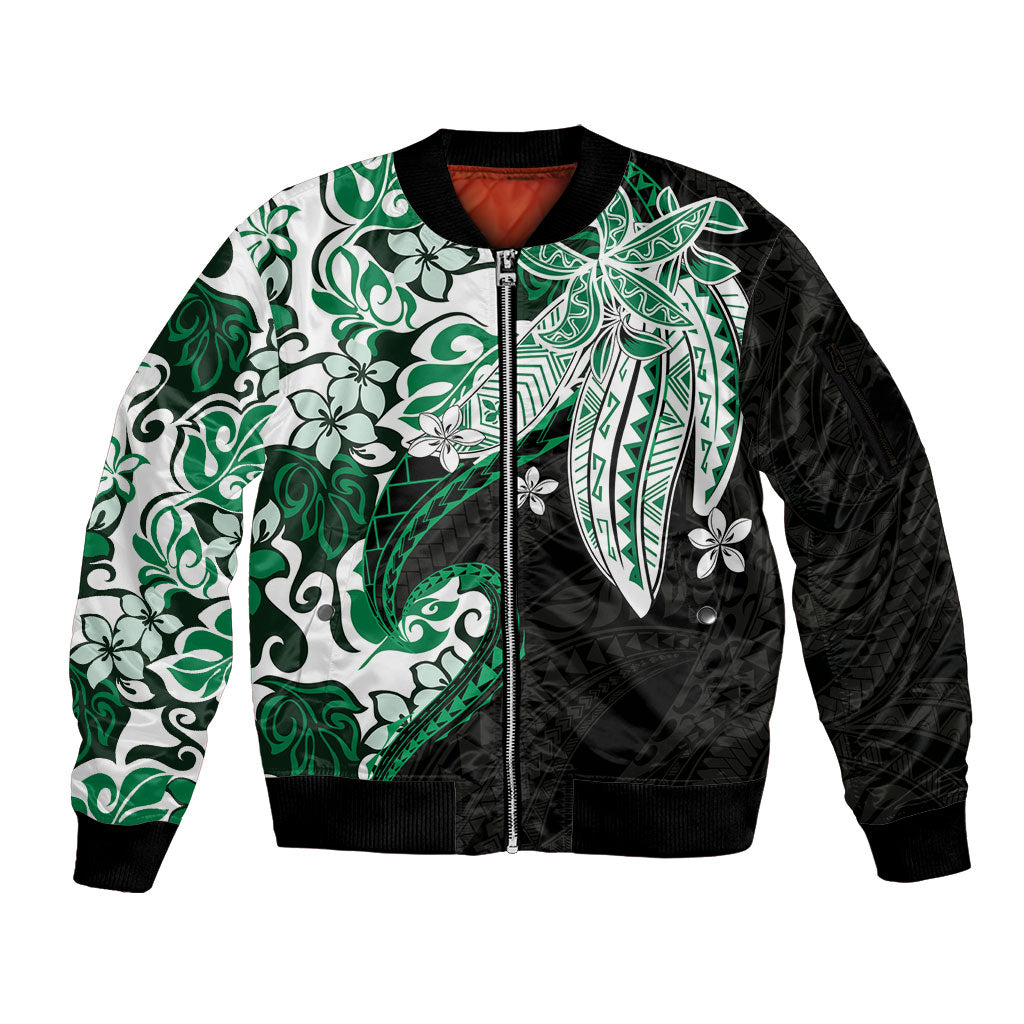 Monstera Plumeria Flowers Green Sleeve Zip Bomber Jacket Polynesian Pattern