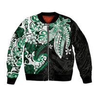 Monstera Plumeria Flowers Green Sleeve Zip Bomber Jacket Polynesian Pattern