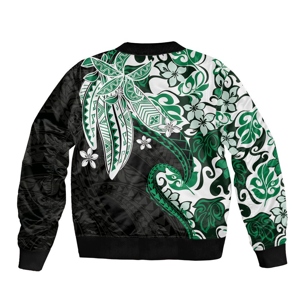 Monstera Plumeria Flowers Green Sleeve Zip Bomber Jacket Polynesian Pattern