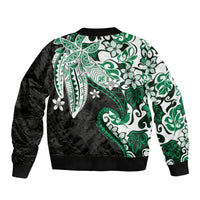 Monstera Plumeria Flowers Green Sleeve Zip Bomber Jacket Polynesian Pattern