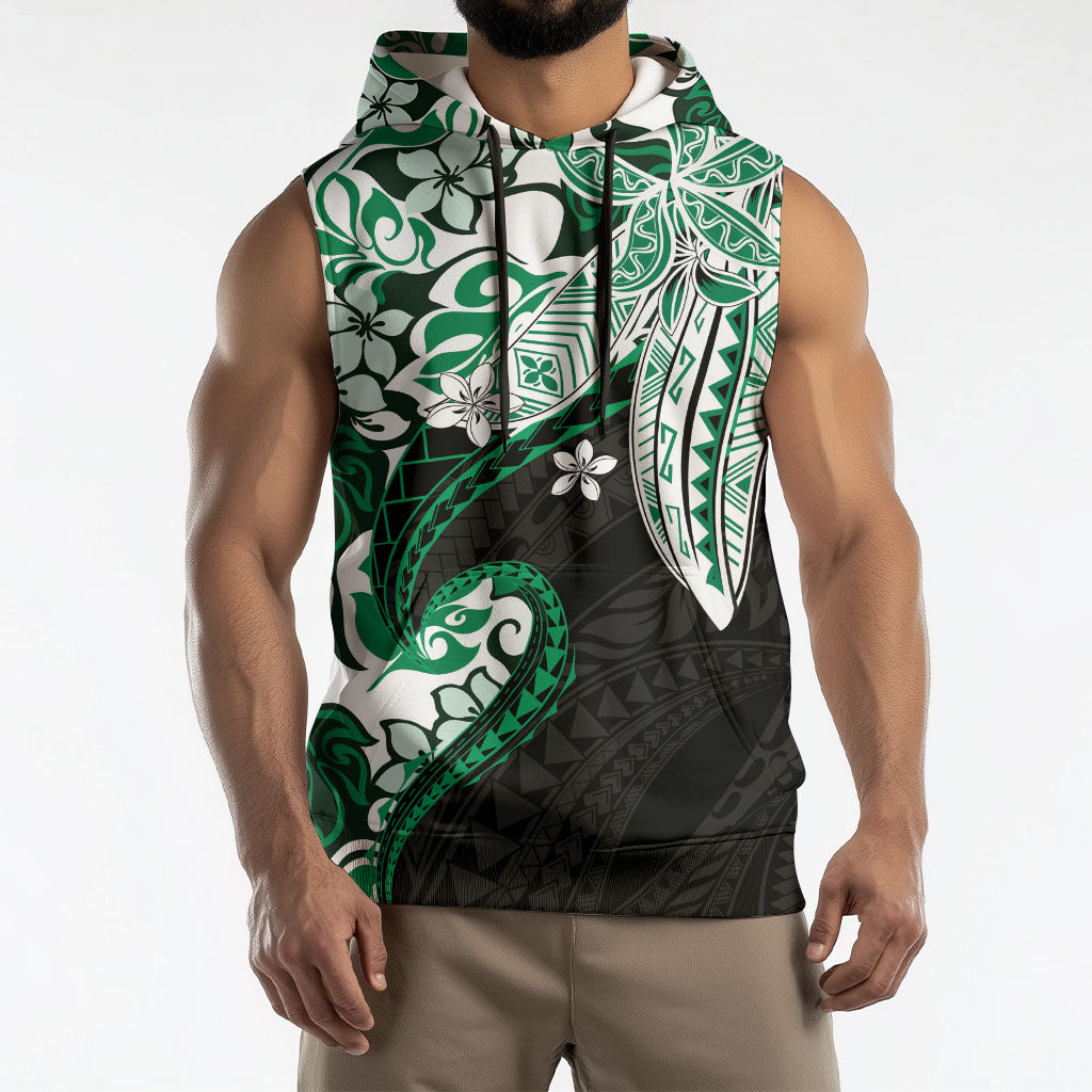 Monstera Plumeria Flowers Green Sleeveless Hoodie Polynesian Pattern LT01 - Polynesian Pride