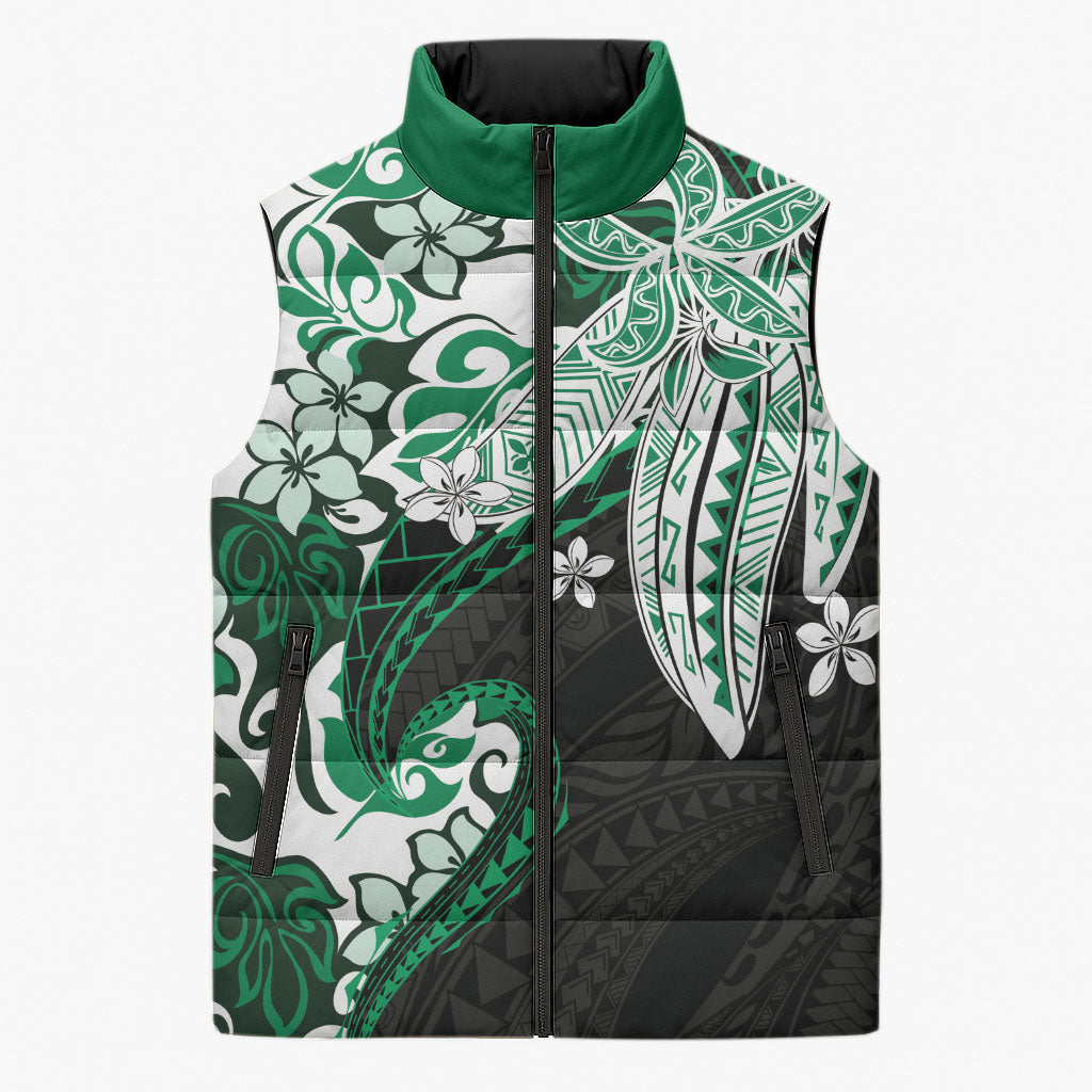 Monstera Plumeria Flowers Green Sleeveless Puffer Jacket Polynesian Pattern LT01 Unisex Green - Polynesian Pride