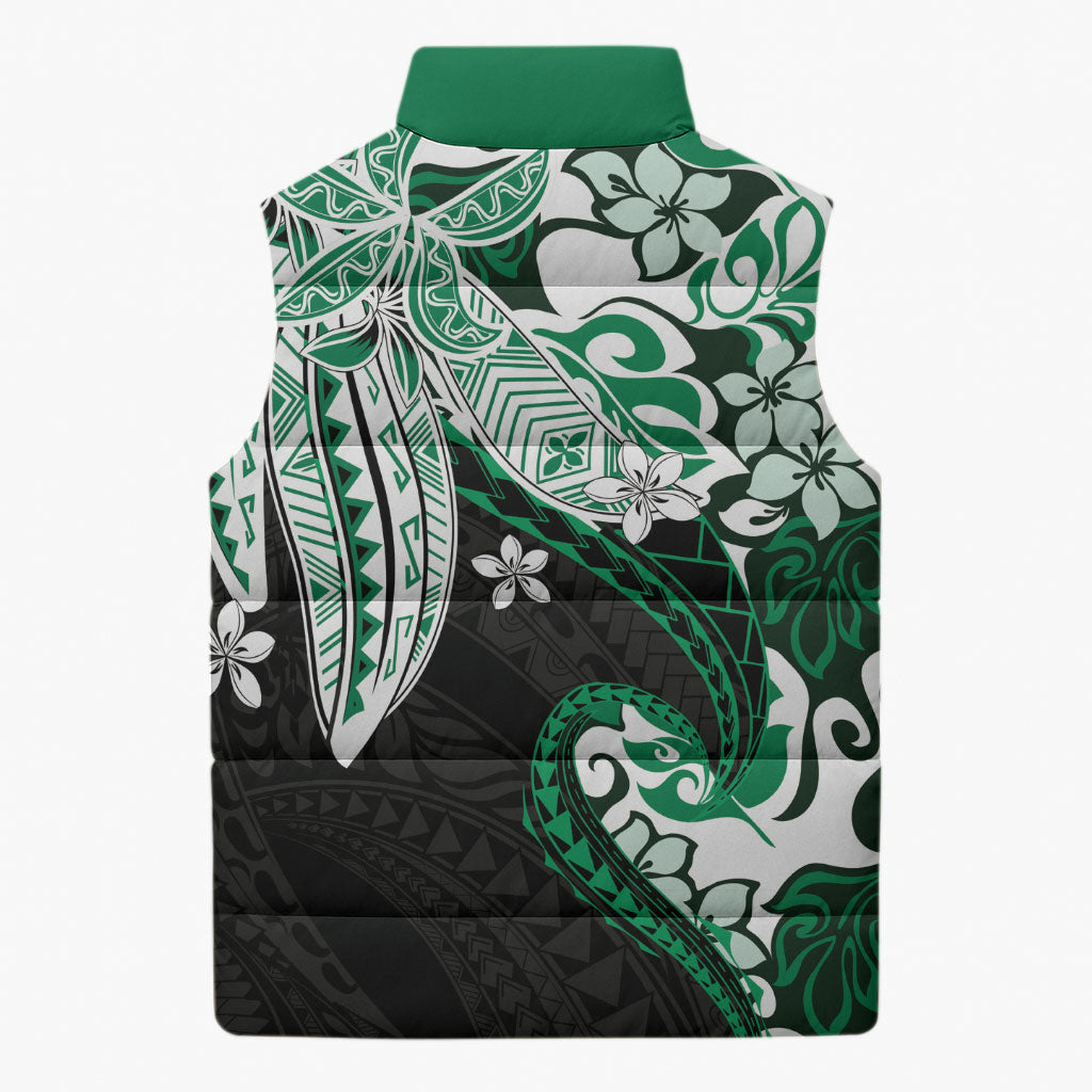 Monstera Plumeria Flowers Green Sleeveless Puffer Jacket Polynesian Pattern LT01 - Polynesian Pride