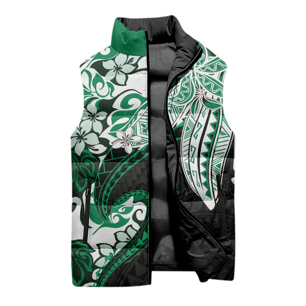 Monstera Plumeria Flowers Green Sleeveless Puffer Jacket Polynesian Pattern LT01 - Polynesian Pride