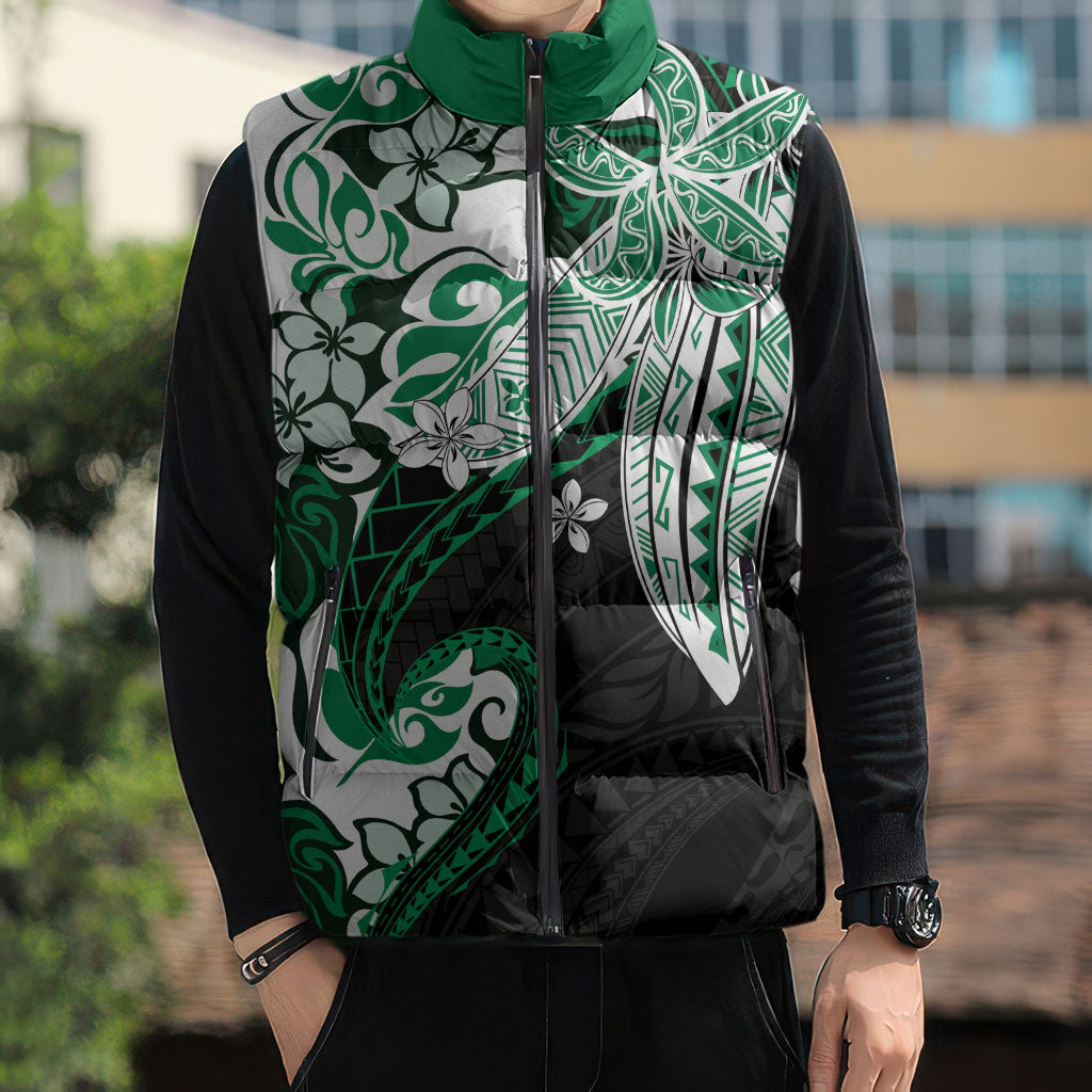 Monstera Plumeria Flowers Green Sleeveless Puffer Jacket Polynesian Pattern LT01 - Polynesian Pride