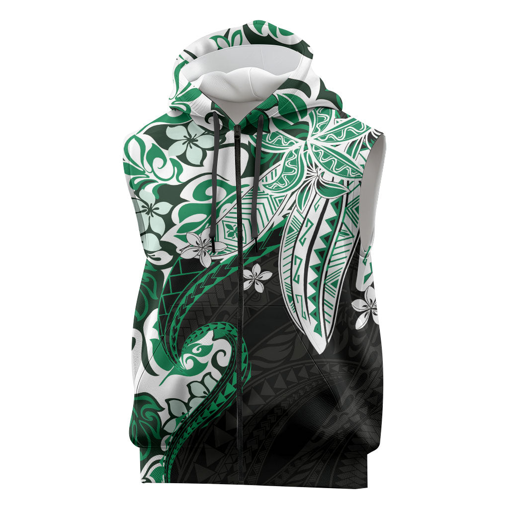 Monstera Plumeria Flowers Green Sleeveless Zip Hoodie Polynesian Pattern LT01 Green - Polynesian Pride