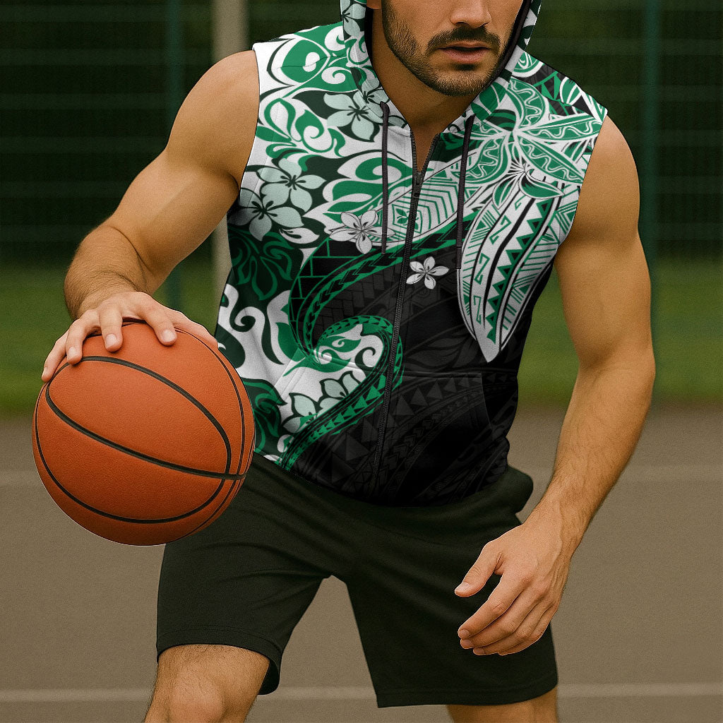 Monstera Plumeria Flowers Green Sleeveless Zip Hoodie Polynesian Pattern LT01 - Polynesian Pride