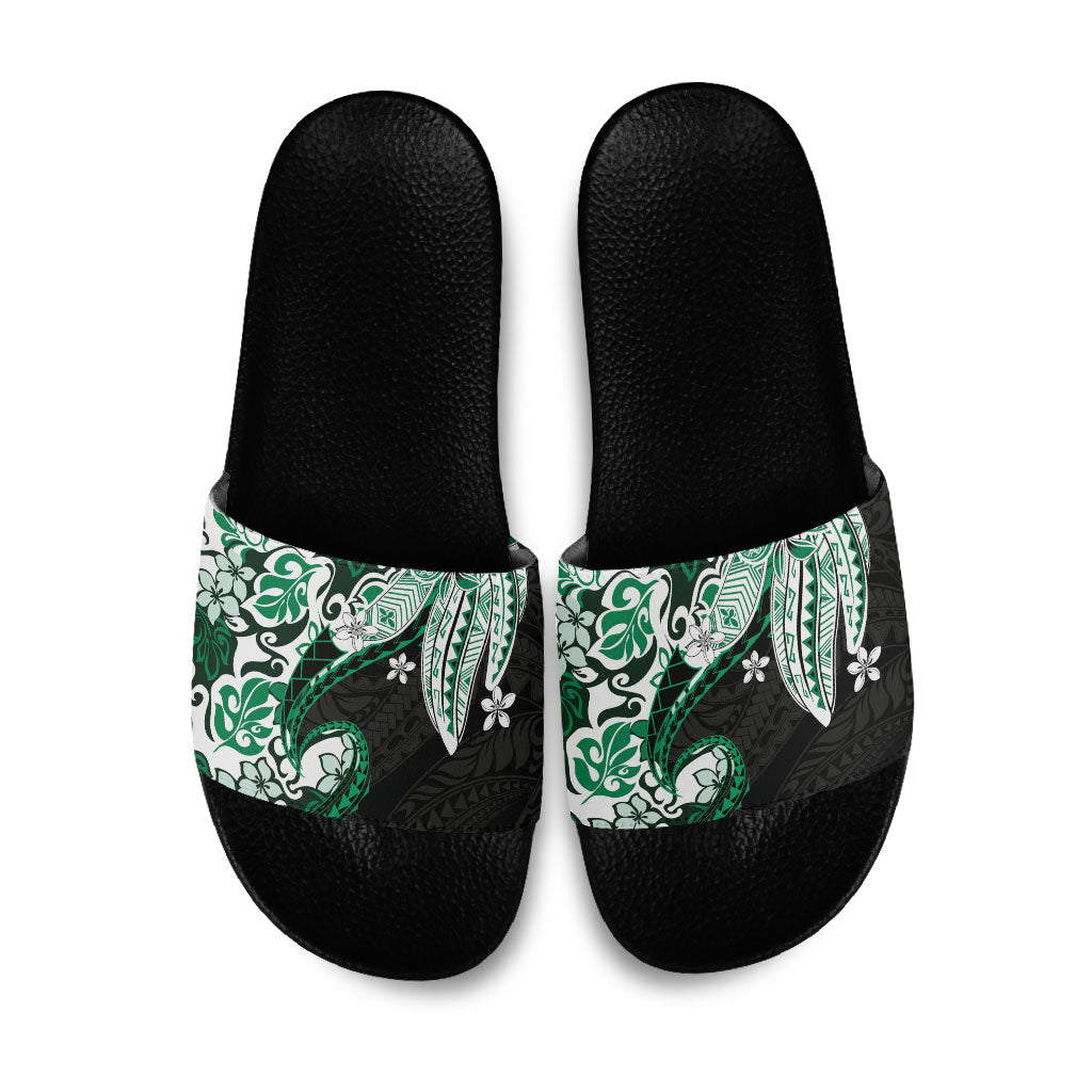 Monstera Plumeria Flowers Green Slide Sandals Polynesian Pattern LT01 Green - Polynesian Pride
