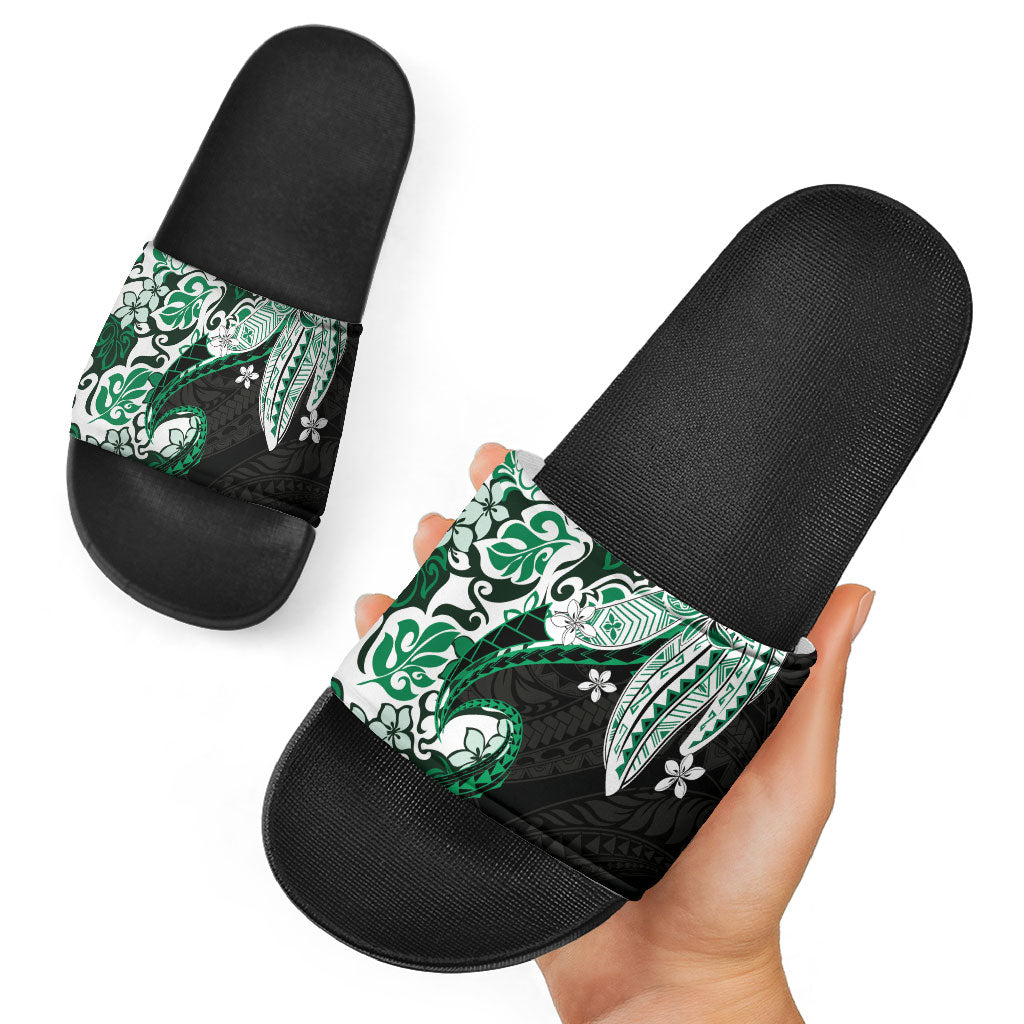 Monstera Plumeria Flowers Green Slide Sandals Polynesian Pattern LT01 - Polynesian Pride