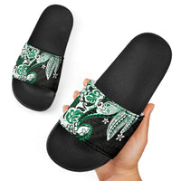 Monstera Plumeria Flowers Green Slide Sandals Polynesian Pattern LT01 - Polynesian Pride