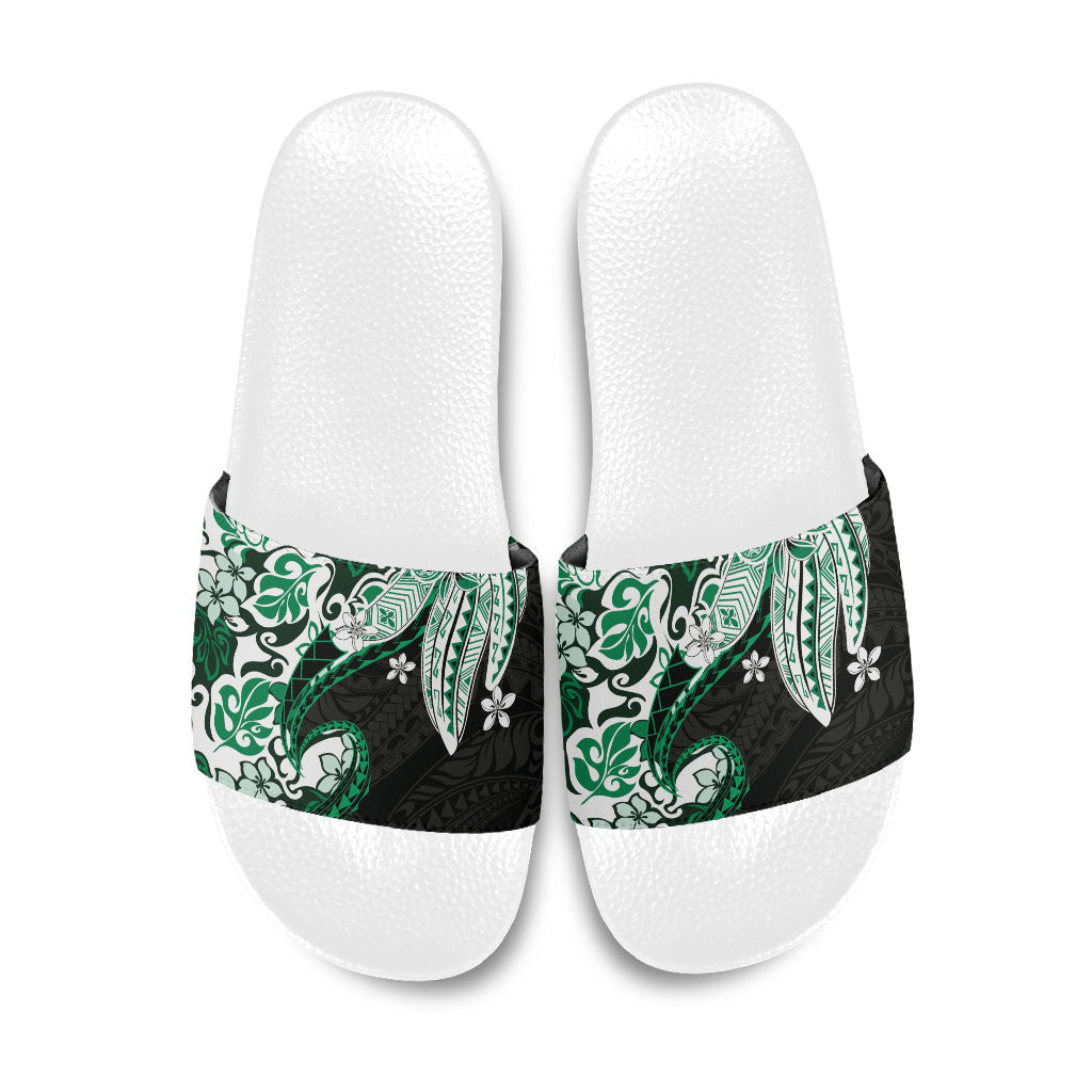 Monstera Plumeria Flowers Green Slide Sandals Polynesian Pattern LT01 Green - Polynesian Pride