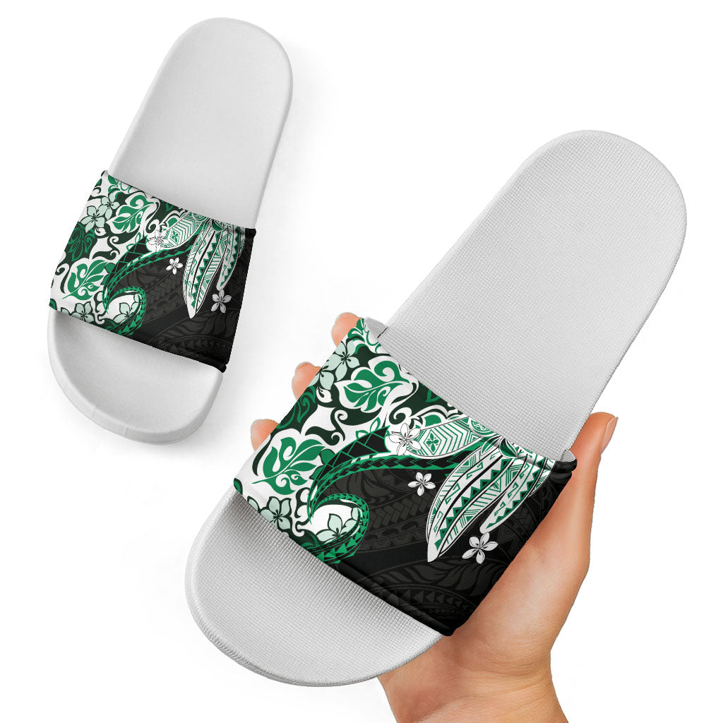 Monstera Plumeria Flowers Green Slide Sandals Polynesian Pattern LT01 - Polynesian Pride
