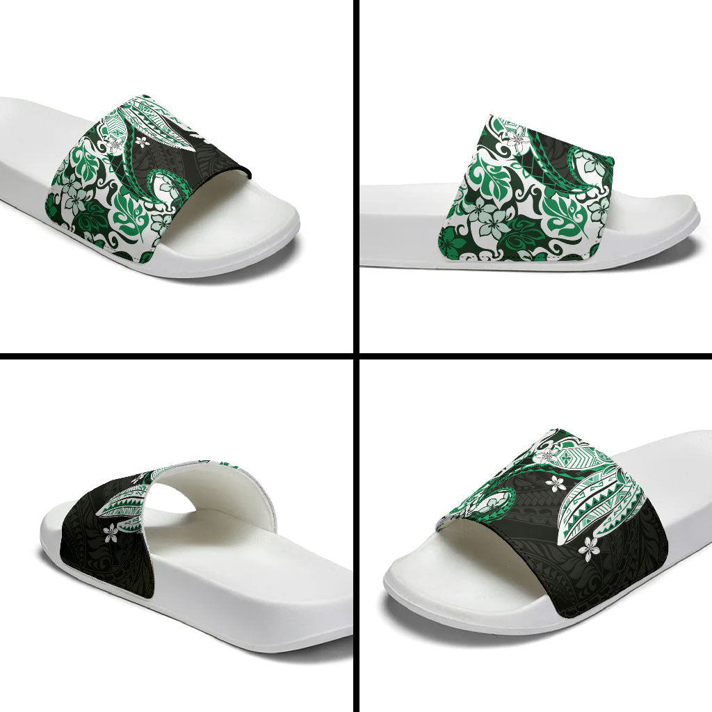 Monstera Plumeria Flowers Green Slide Sandals Polynesian Pattern LT01 - Polynesian Pride