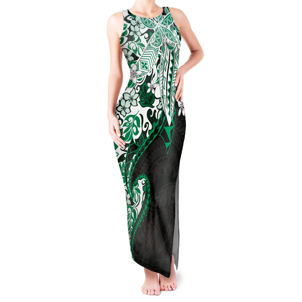 Monstera Plumeria Flowers Green Tank Maxi Dress Polynesian Pattern LT01 Women Green - Polynesian Pride