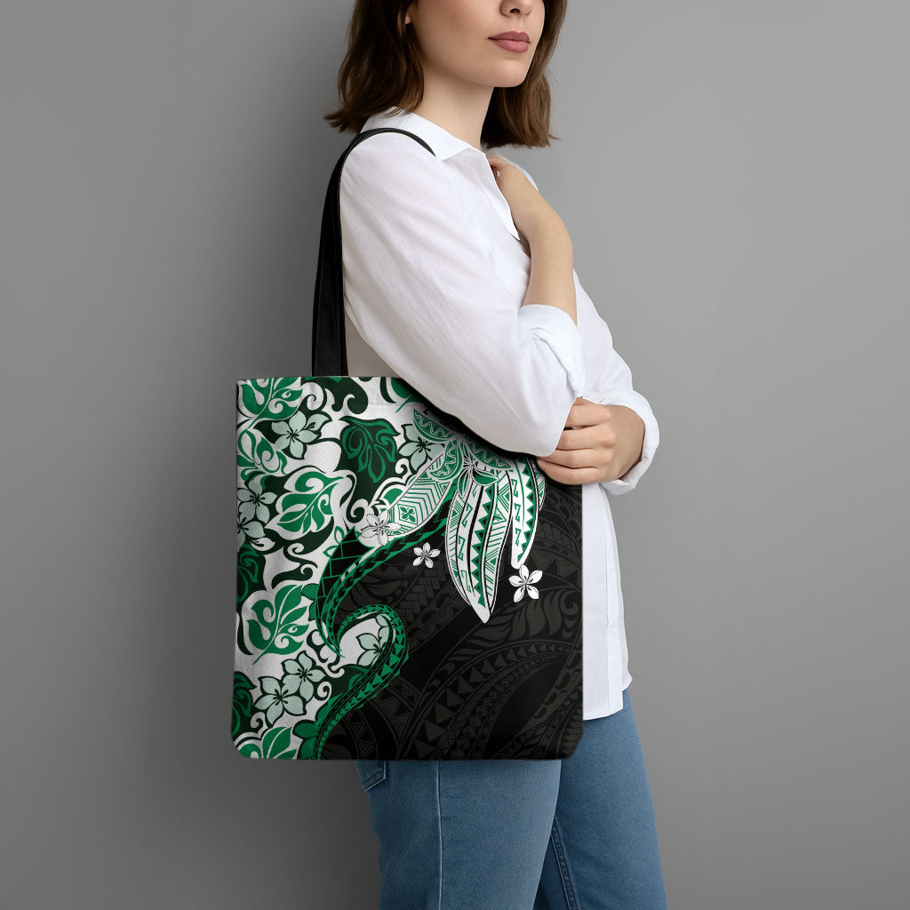 Monstera Plumeria Flowers Green Tote Bag Polynesian Pattern LT01 - Polynesian Pride