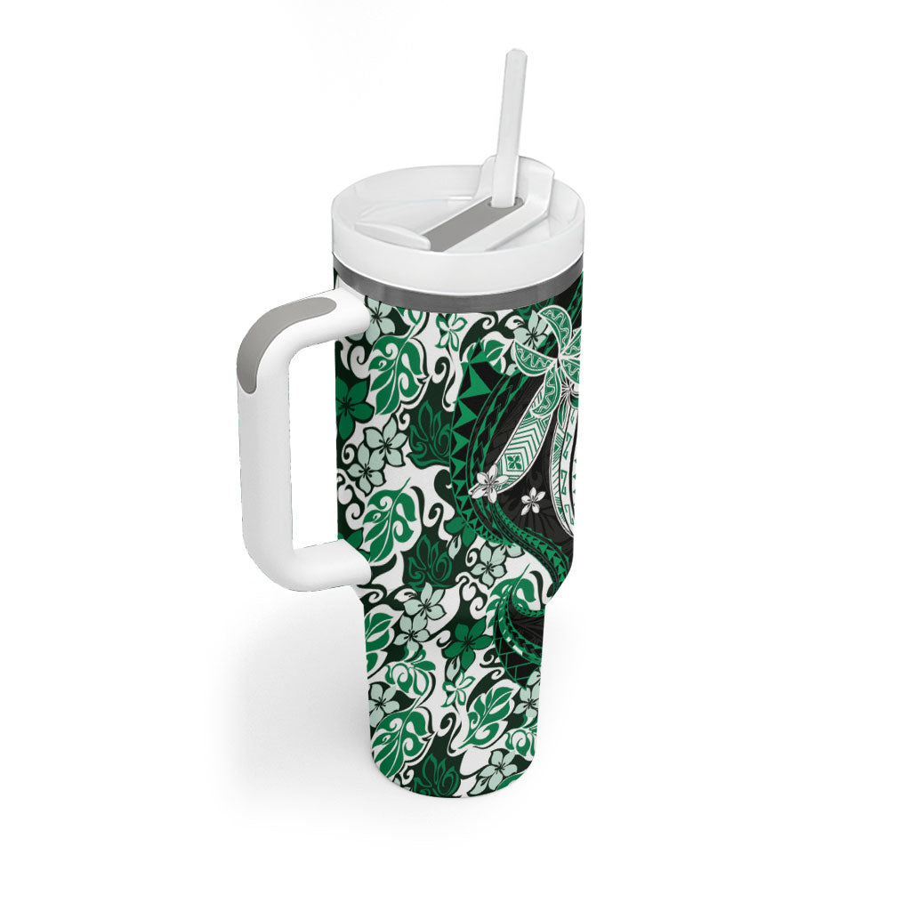 Monstera Plumeria Flowers Green Tumbler With Handle Polynesian Pattern LT01 - Polynesian Pride