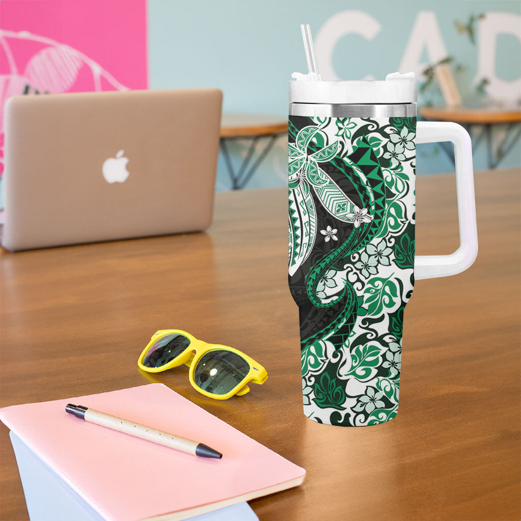 Monstera Plumeria Flowers Green Tumbler With Handle Polynesian Pattern LT01 - Polynesian Pride