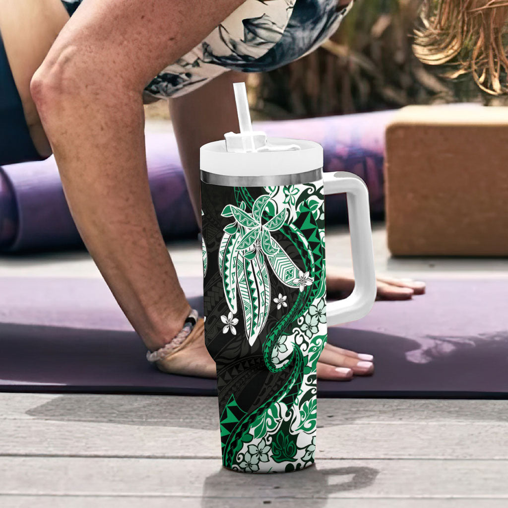Monstera Plumeria Flowers Green Tumbler With Handle Polynesian Pattern LT01 - Polynesian Pride
