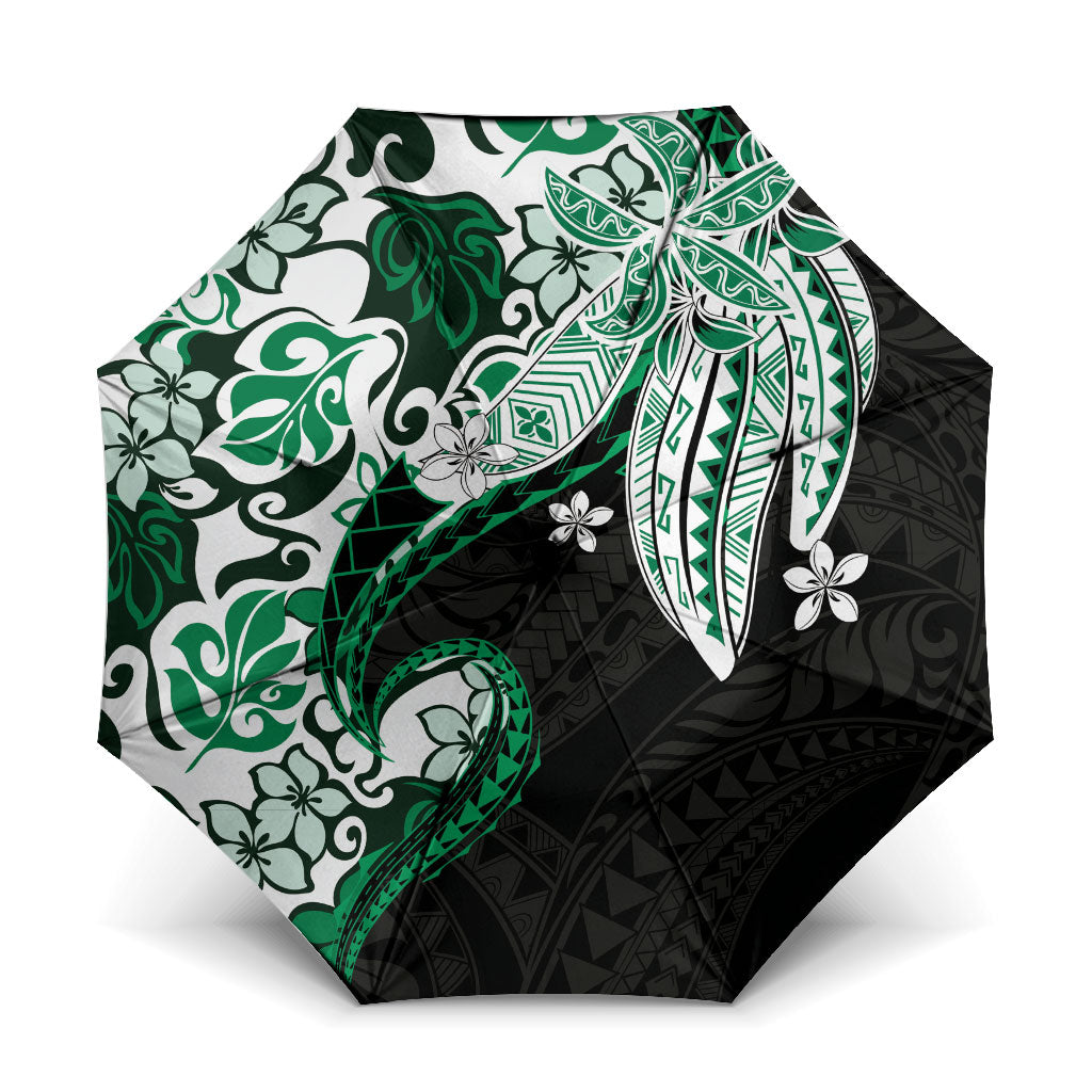 Monstera Plumeria Flowers Green Umbrella Polynesian Pattern LT01 One Size Folded 11.42 inch Opened Diameter 37.4 inch Green - Polynesian Pride
